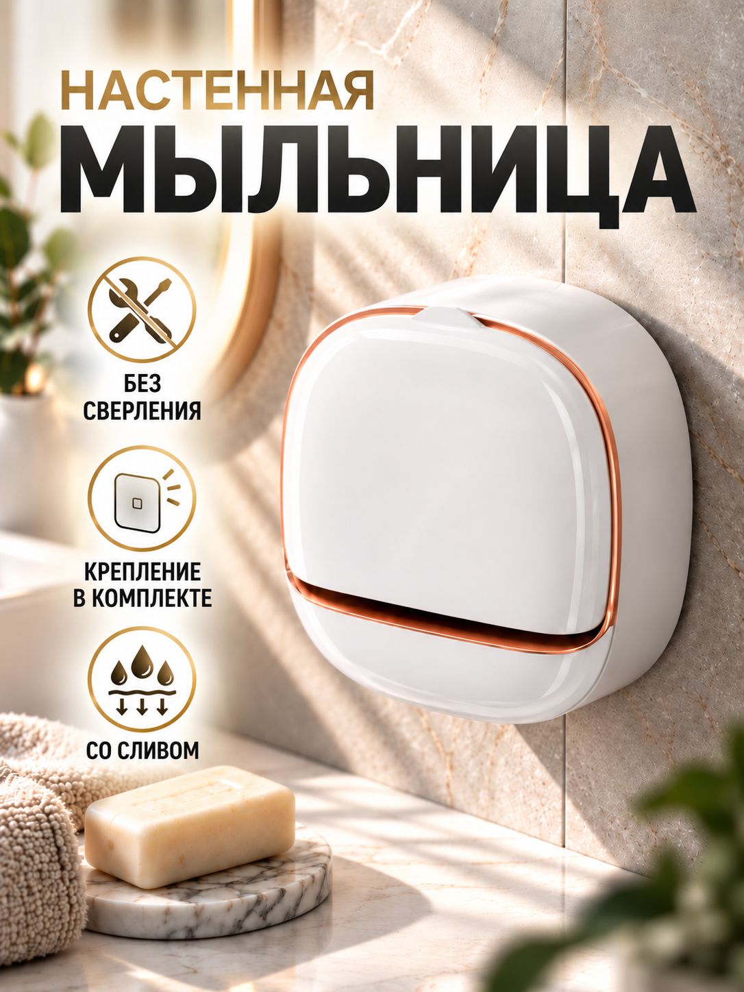 Мыльница настенная самоклеющаяся, со сливом, белая