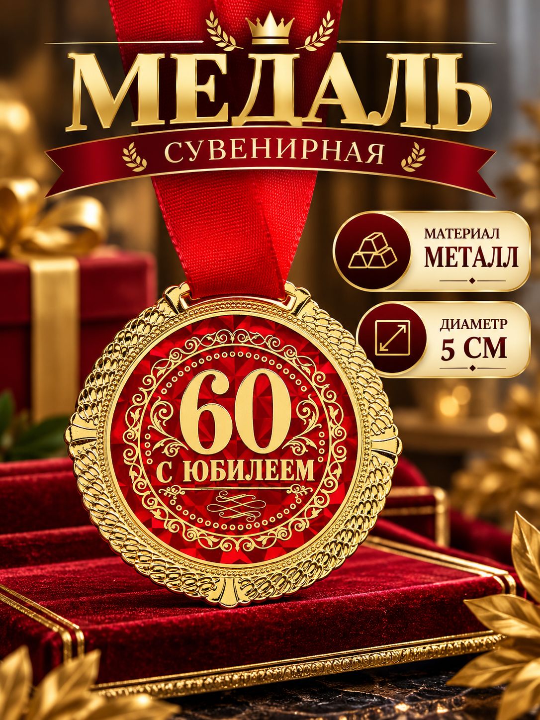 Медаль подарочная сувенирная "С Юбилеем 60 лет"