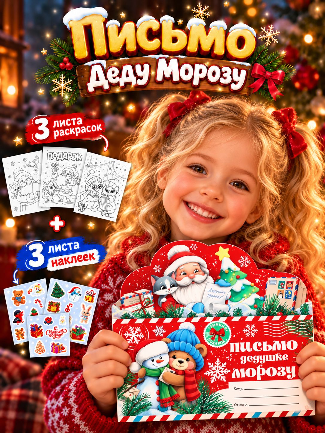 Письмо Деду Морозу, с наклейками, раскраски 3 листа Тепла и уюта
