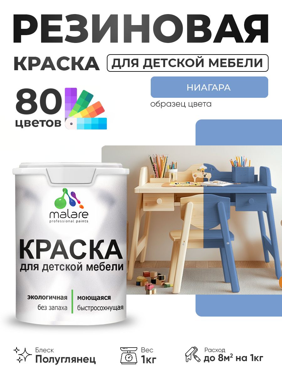 Резиновая краска Malare для детской мебели, мебели из дерева, моющаяся, быстросохнущая без запаха полуглянцевая, ниагара, 1 кг.