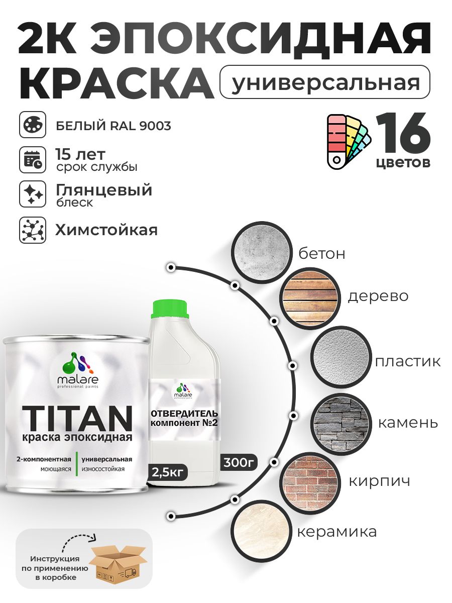 2К Эпоксидная краска Malare TITAN универсальная, двухкомпонентная влагостойкая высокопрочная износостойкая, RAL 9003 белый, глянцевая, (2,5 кг + 0,3кг отвердитель)