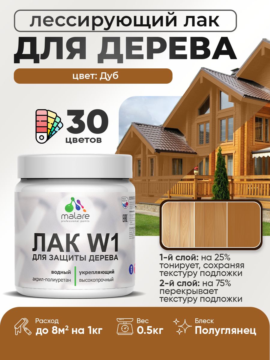 Лак колерованный тонирующий для дерева Malare W1 для деревянных и минеральных поверхностей, моющийся без запаха быстросохнущий, полуглянцевый, дуб, 0.5 кг.