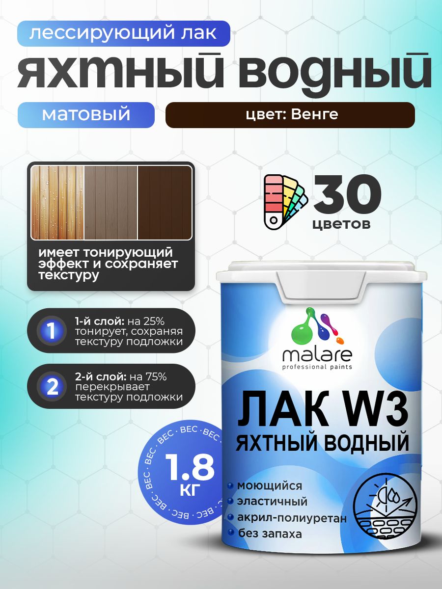 Лак колерованный тонирующий яхтный Malare W3 для деревянных и минеральных поверхностей, водный без запаха быстросохнущий, матовый, венге, 1.8 кг.