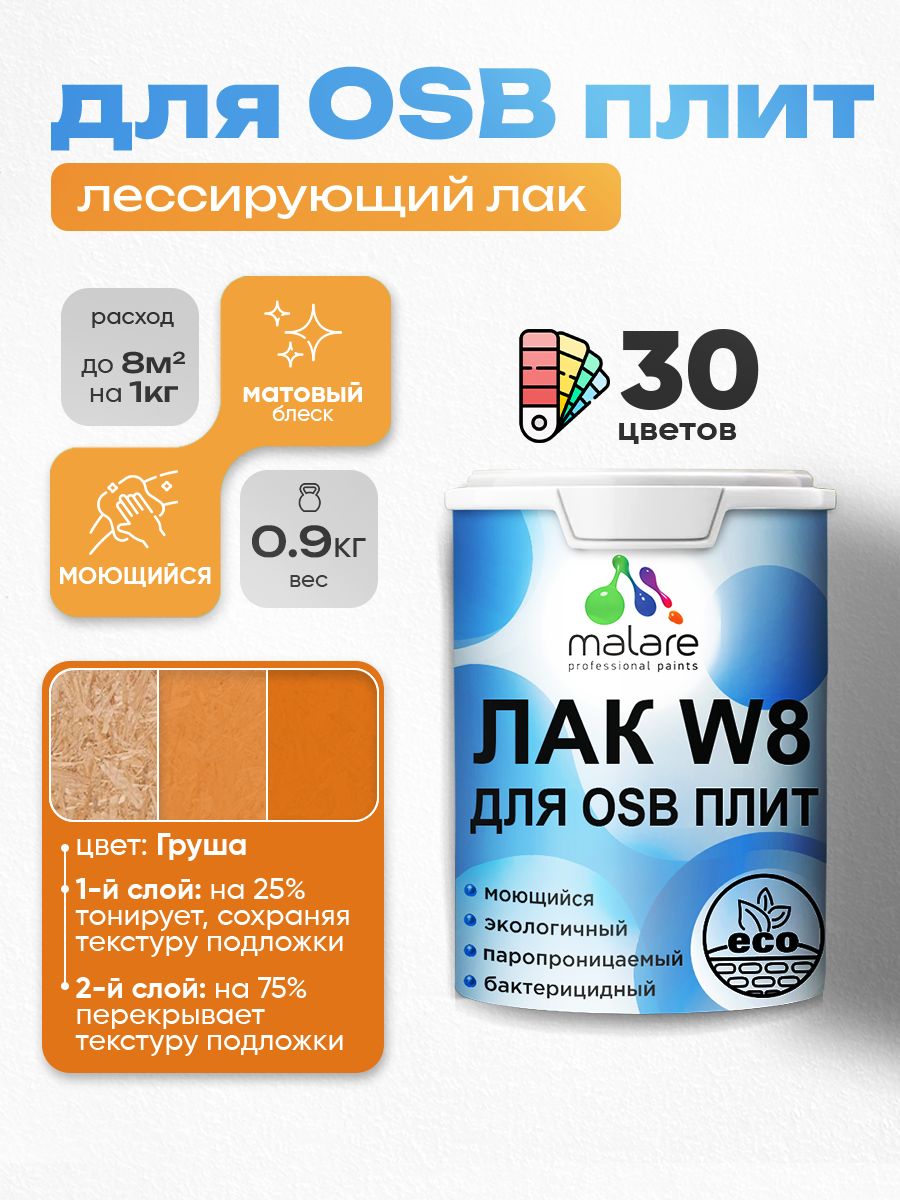 Лак колерованный тонирующий для защиты ОСБ плит Malare W8 для дерева и минеральных поверхностей, паропроницаемый водный без запаха, матовый, груша, 0.9 кг.