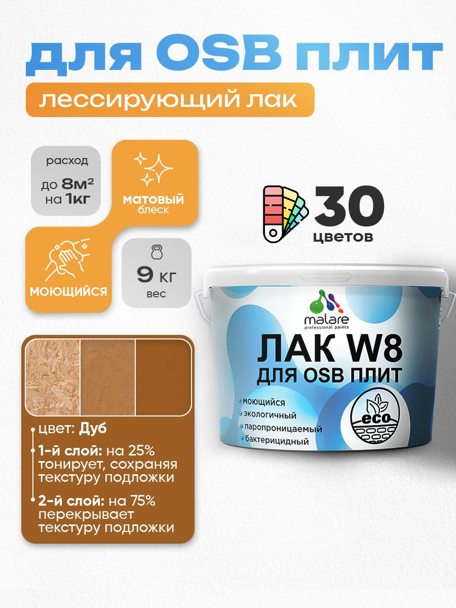 Лак колерованный тонирующий для защиты ОСБ плит Malare W8 для дерева и минеральных поверхностей, паропроницаемый водный без запаха, матовый, дуб, 9 кг.