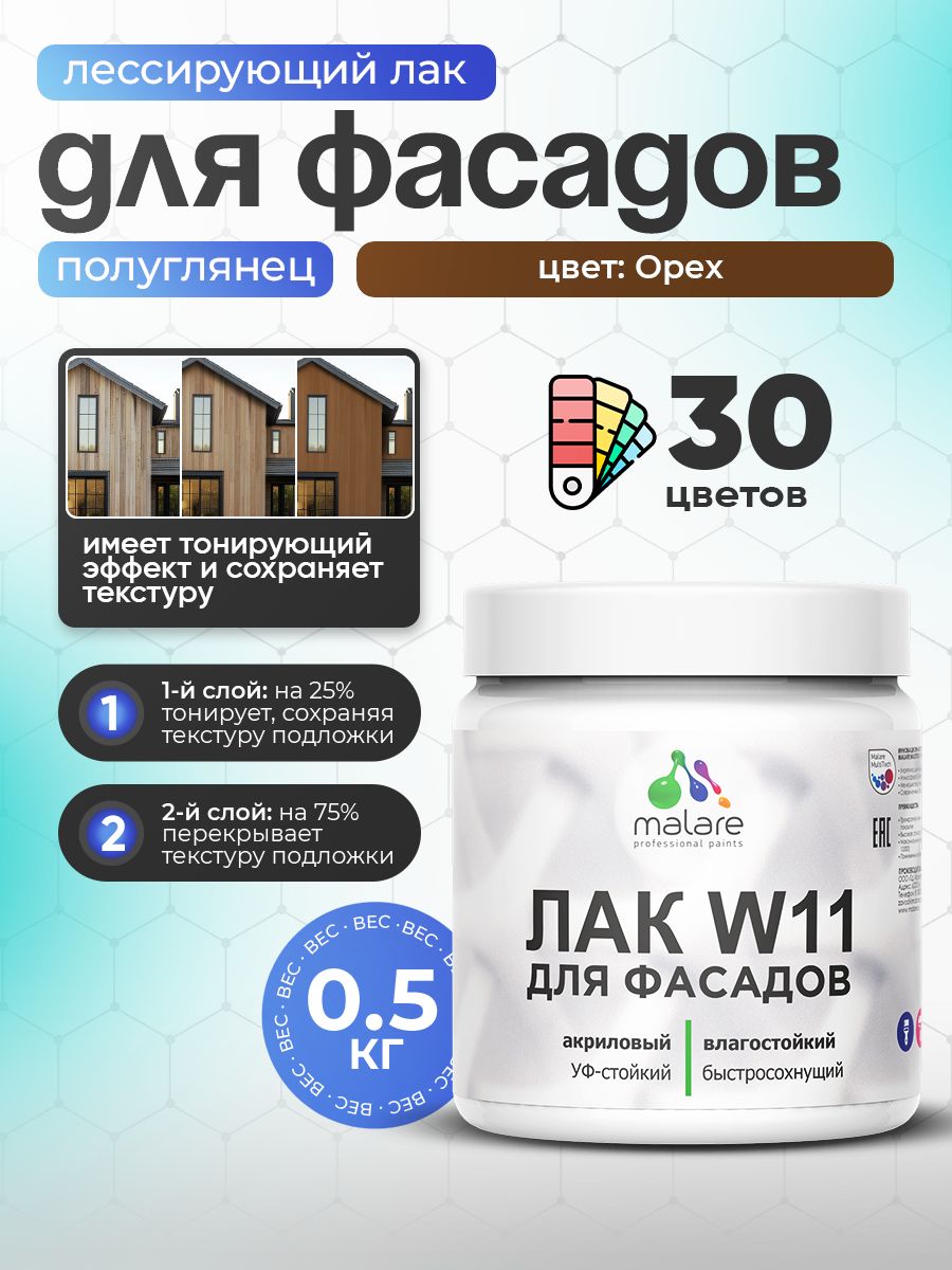 Лак колерованный тонирующий фасадный Malare W11 для защиты фасадов зданий, для д
