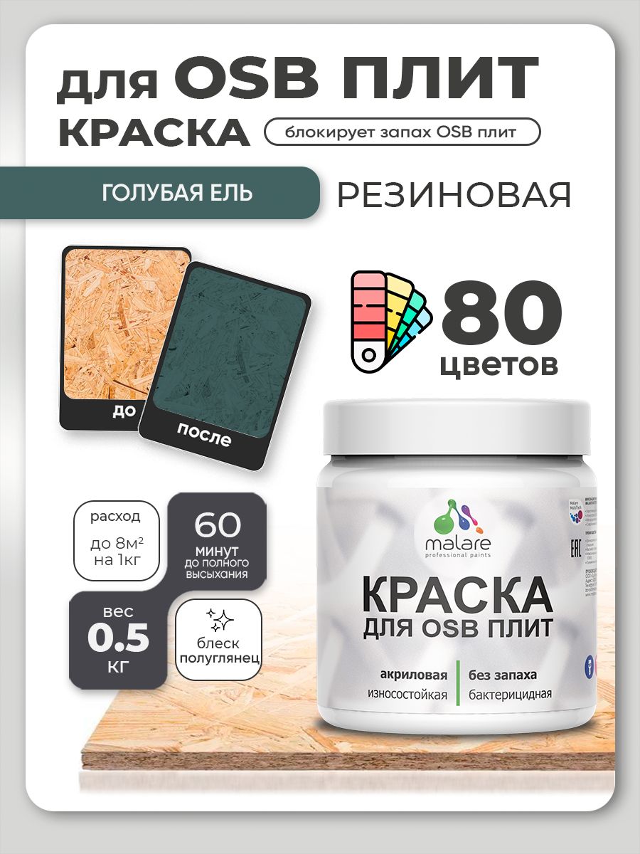 Резиновая краска для ОСБ плит Malare акриловая краска для дерева для наружных и внутренних работ, быстросохнущая без запаха полуглянцевая, голубая ель, 0.5 кг