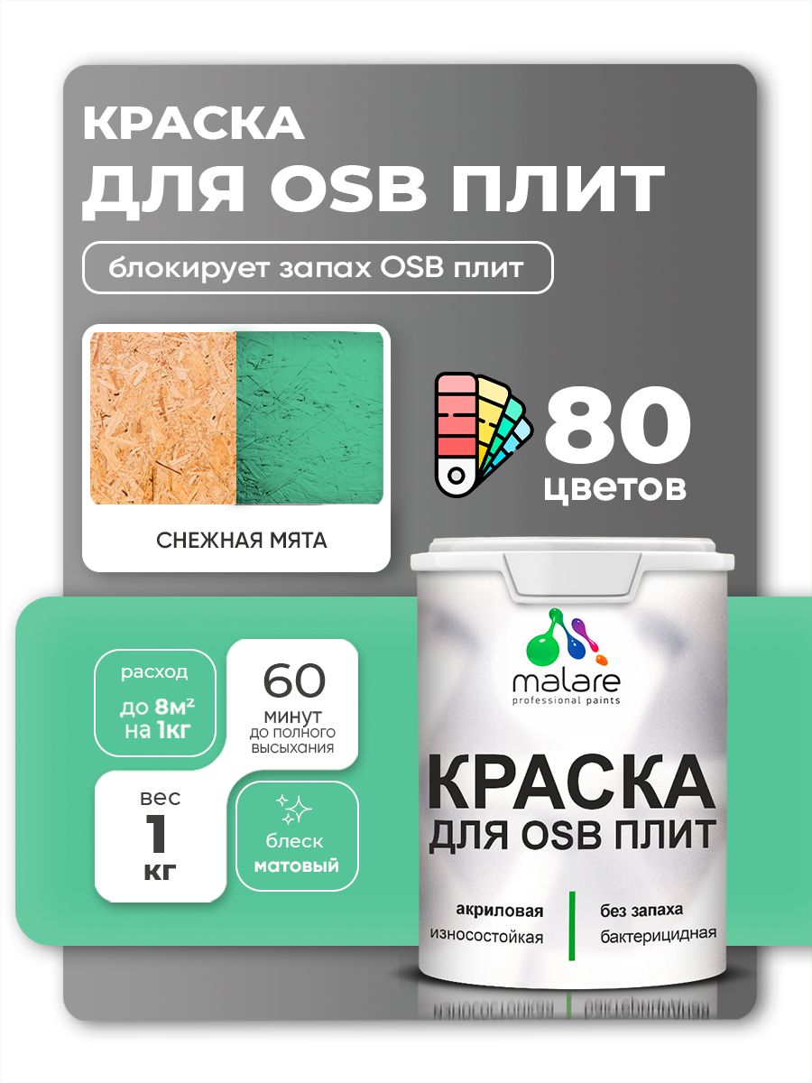 Акриловая краска для ОСБ плит Malare для дерева для наружных и внутренних работ, быстросохнущая без запаха матовая, снежная мята, 1 кг