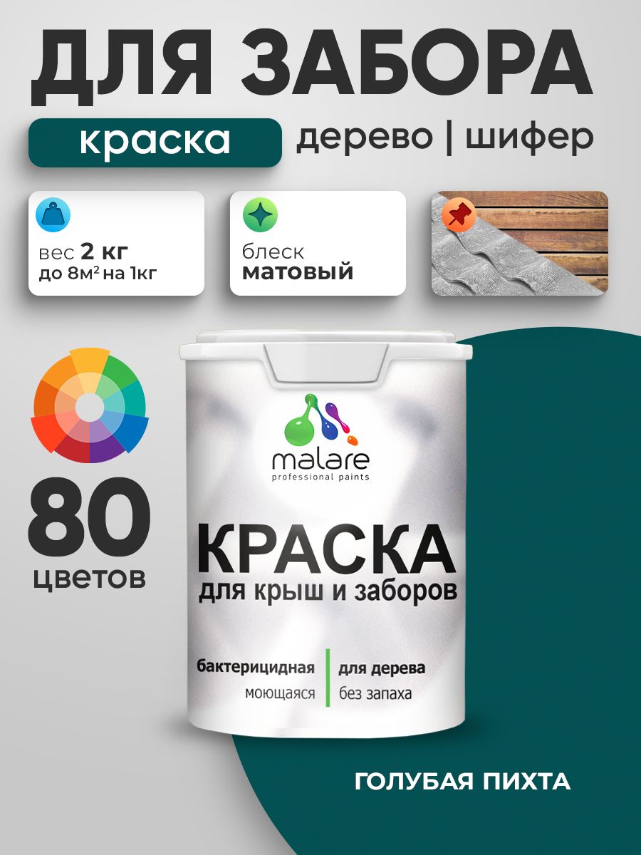 Акриловая краска Malare для деревянного забора/ по дереву для наружных и внутренних работ/ быстросохнущая моющаяся без запаха, матовая, голубая пихта, 2 кг.
