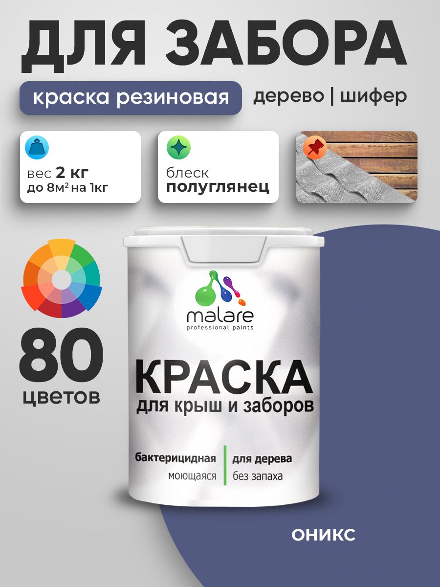 Резиновая краска Malare для деревянного забора/ по дереву для наружных и внутренних работ/ быстросохнущая моющаяся без запаха полуглянцевая, оникс, 2 кг.