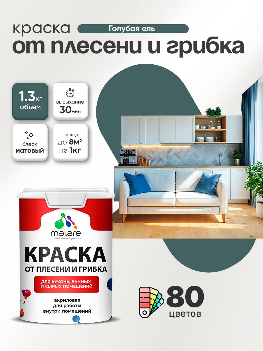 Влагостойкая краска от плесени и грибка Malare Professional акриловая для кухни, ванной комнаты, для сырых помещений, быстросохнущая без запаха, голубая ель, (1л - 1.3кг)