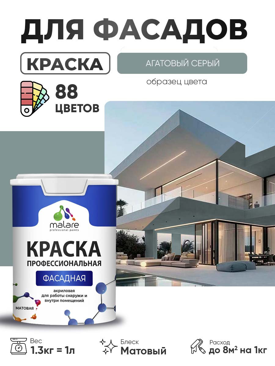 Краска фасадная для наружных работ Malare Professional для дерева по бетону, для минеральных поверхностей, акриловая быстросохнущая без запаха, матовая, агатовый серый, (1л - 1.3кг)