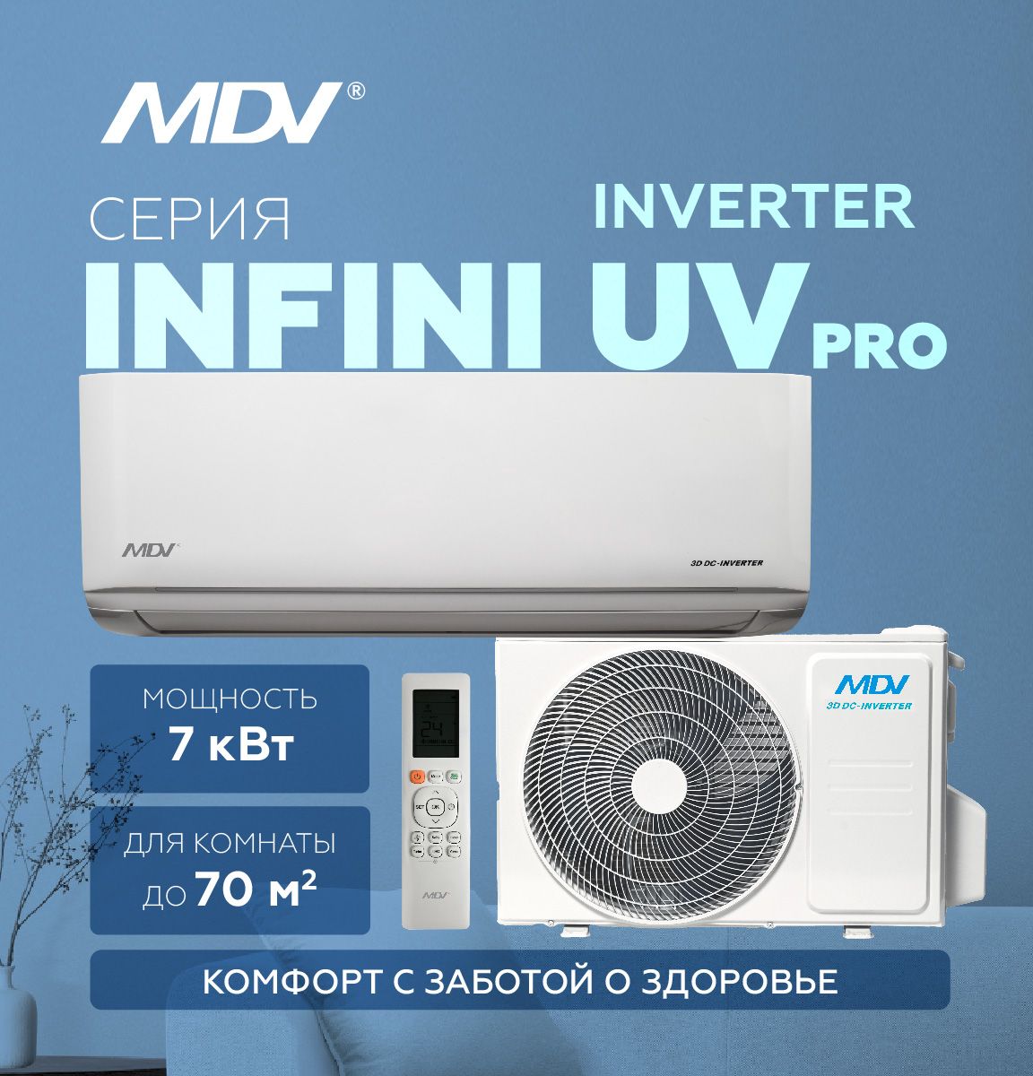 Настенный кондиционер MDV INFINI UVpro ERP INVERTER MDSAL-24HRFN8 / MDOAG-24HFN8, на площадь до 70 кв м