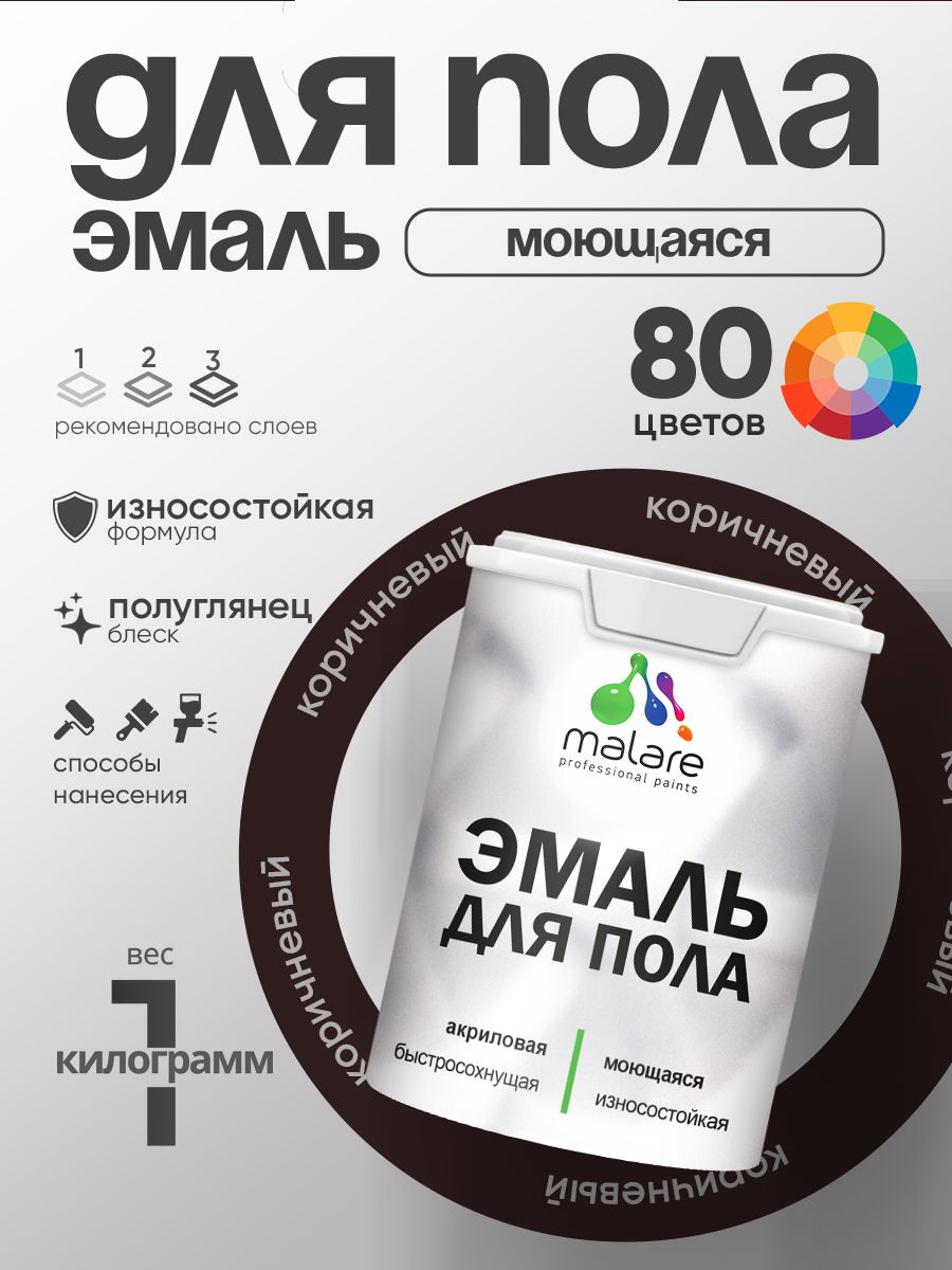 Эмаль для пола акриловая Malare краска для бетонных полов по дереву/ износостойкая без запаха, быстросохнущая моющаяся полуглянцевая, коричневая, 1 кг