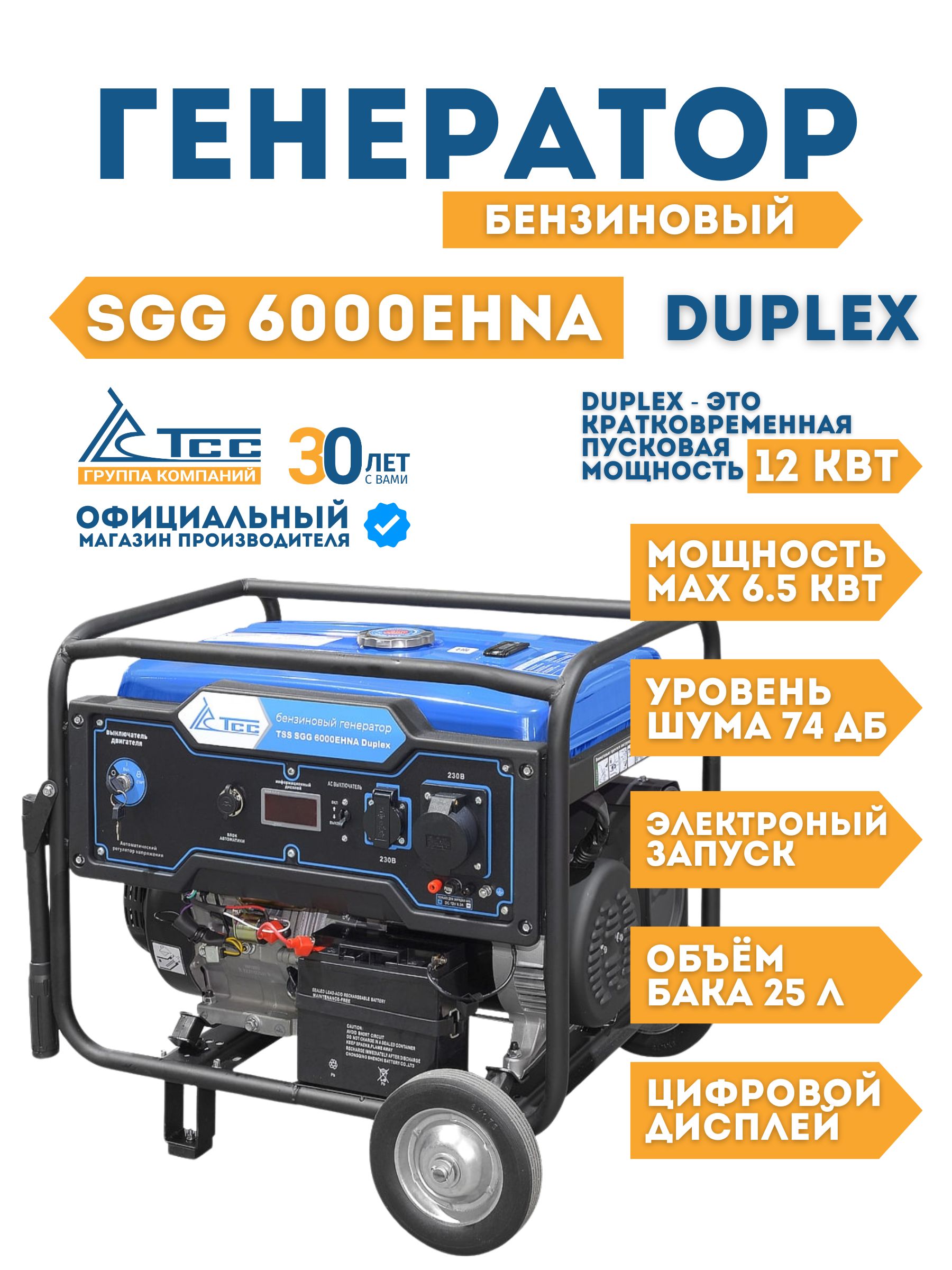 Генераторбензиновыйэлектростанция6-6.5кВтSGG6000EHNADuplex