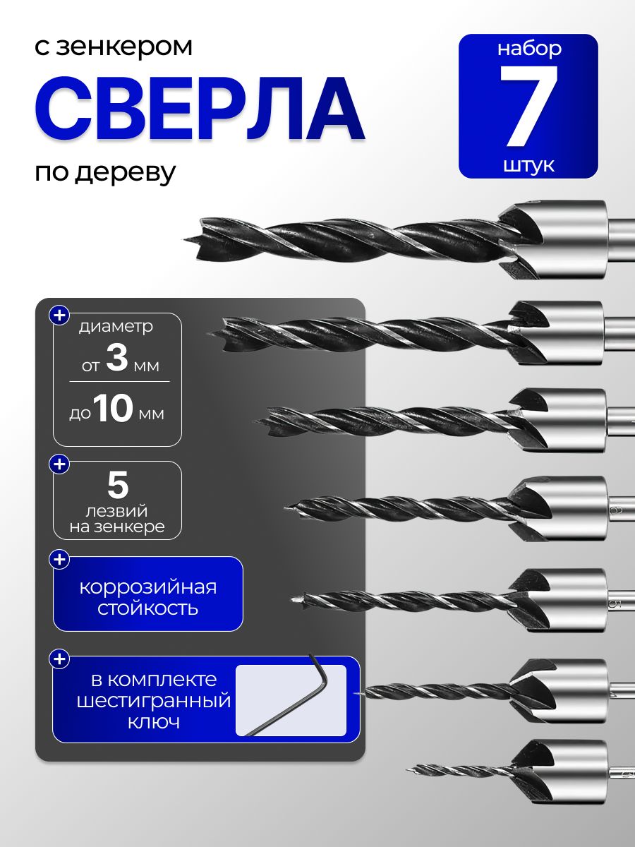 Сверлаподеревусзенкером,набор7шт,3,0-10,0мм