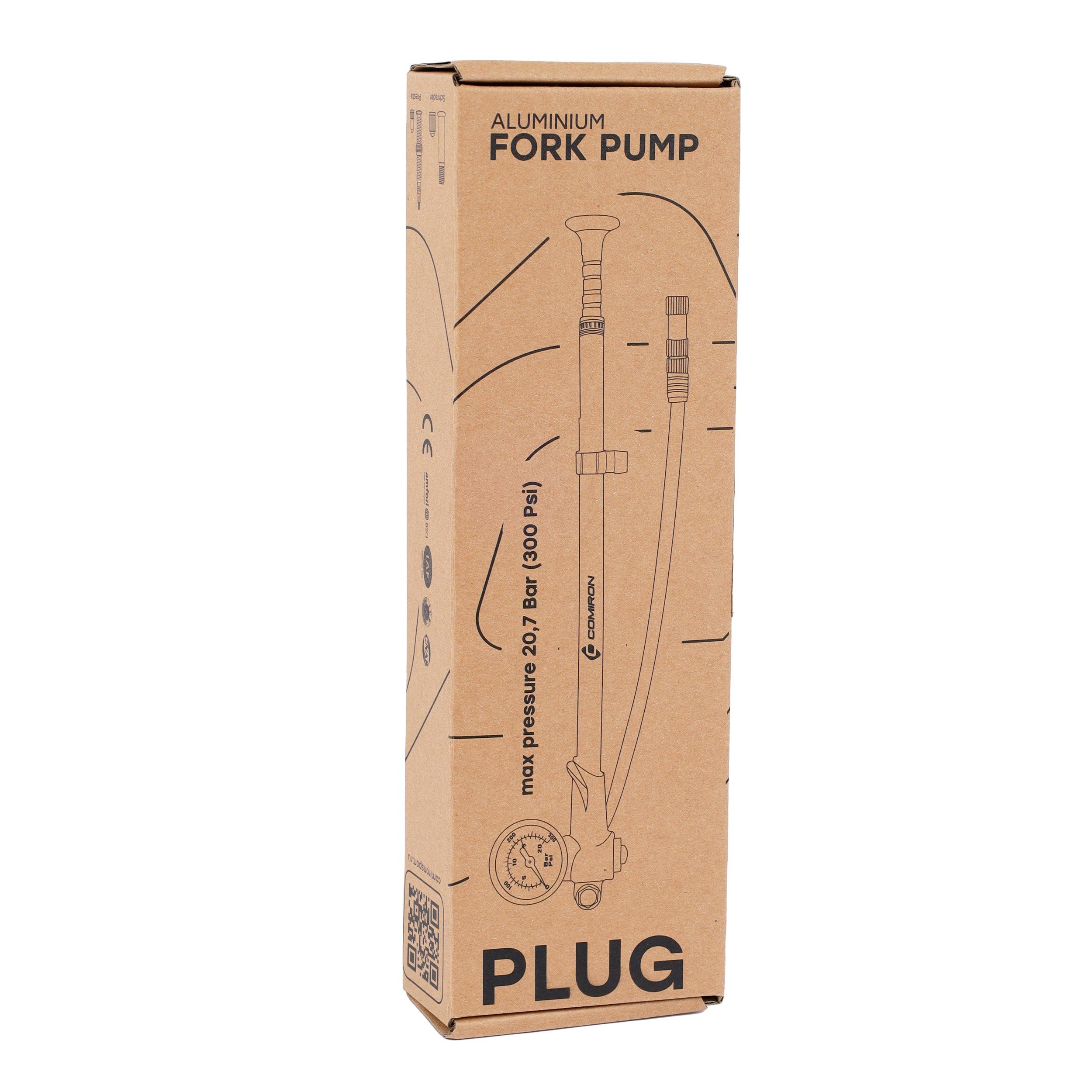 Велонасос для MTB вилок COMIRON PLUG, алюминиевый цилиндр, пластиковая ручка, Presta-Schrader, 20,7 бар Велонасос для MTB вилок COMIRON PLUG, алюминиевый цилиндр, пластиковая ручка, Presta-Schrader, 20,7 бар