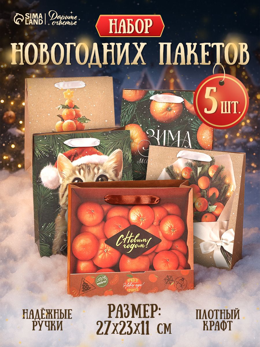 Пакеты подарочные новогодние, набор 5 шт, 27 х 23 х 11,5 см