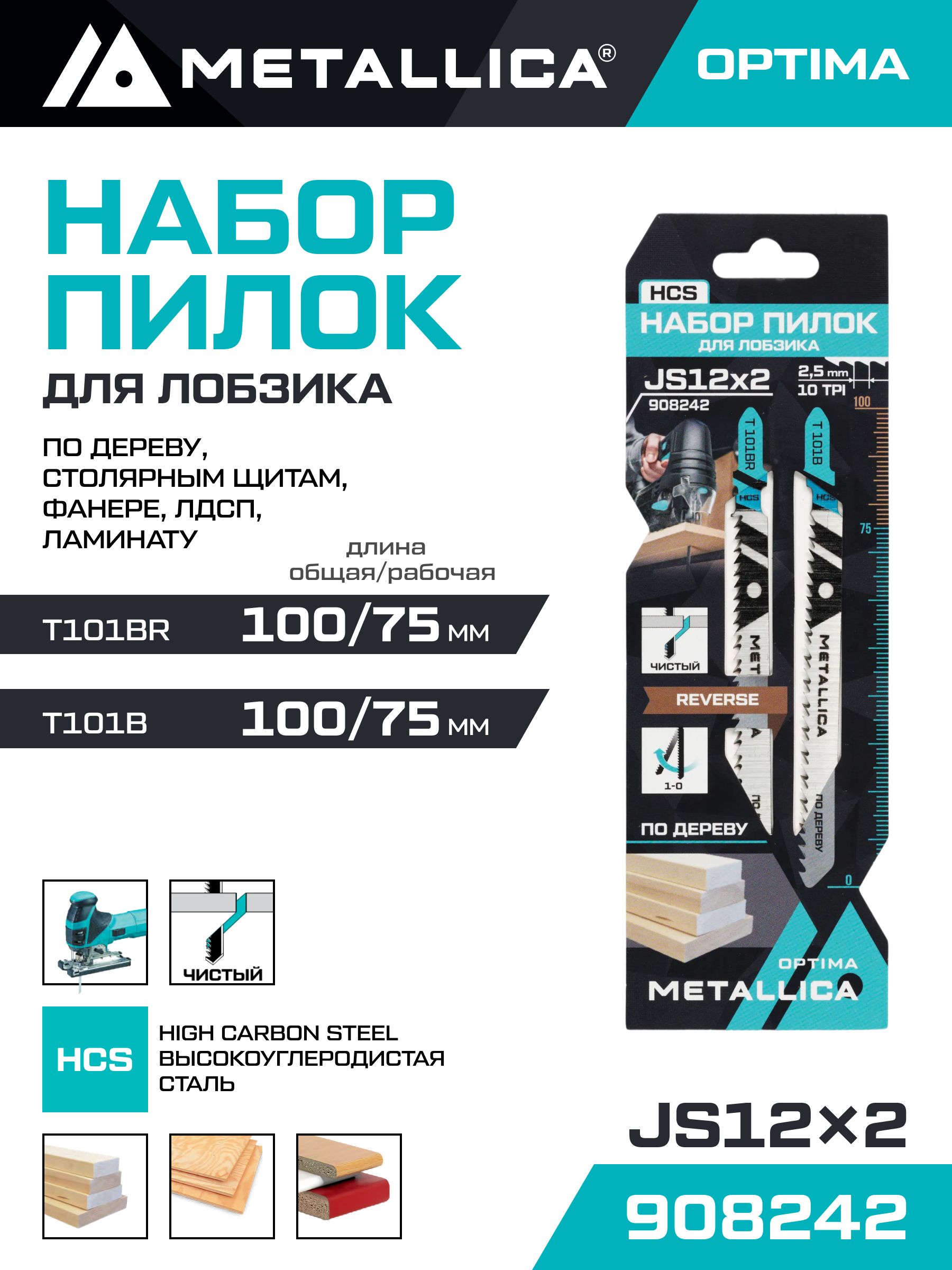 НаборпилокдлялобзикаподеревуMETALLICAOptima№12:T101B/T101BR,чистыйрез,вкарт.,2шт