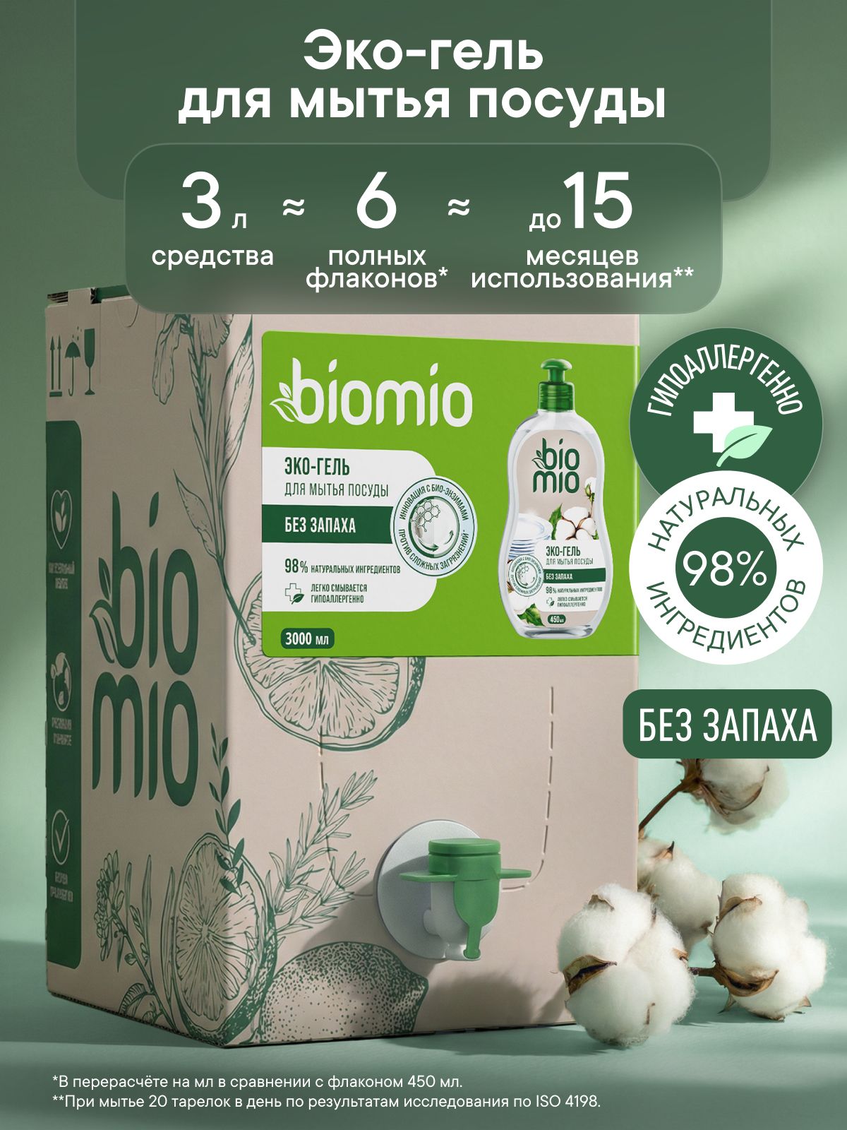 Средство для мытья посуды взрослой и детской BioMio (БиоМио) гель с экстрактом хлопка и ионами серебра. БЕЗ ЗАПАХА. Концентрат 3 л