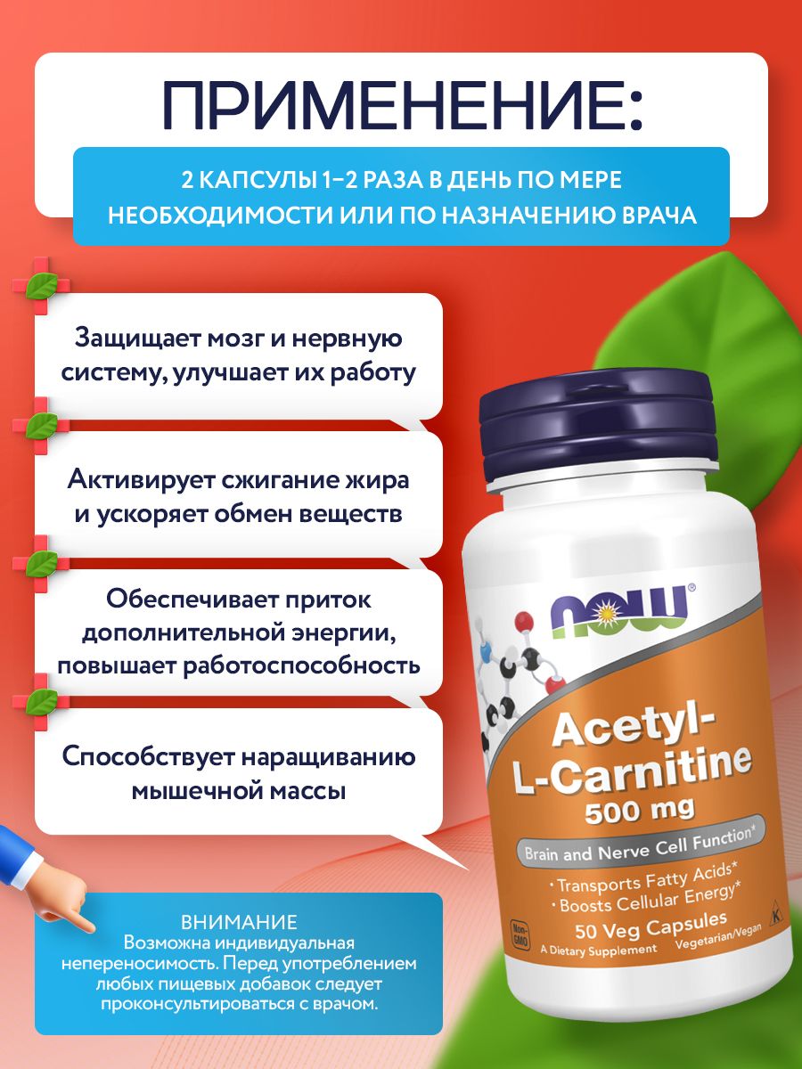 Now, Acetyl L-Carnitine 500 mg 50 капс