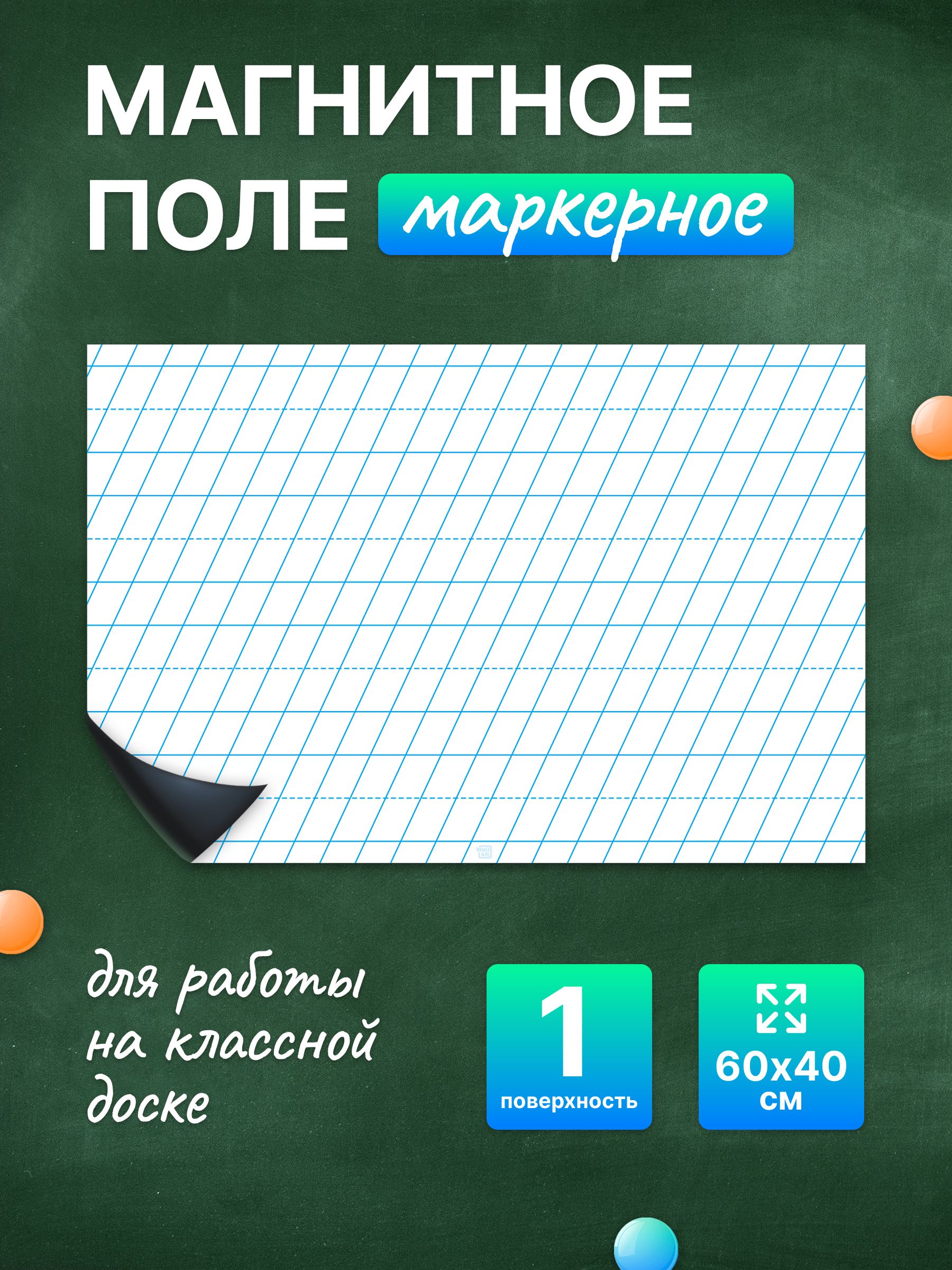 Разлиновка магнитная для школьной доски в частую косую линию 60х40 см. WellKit