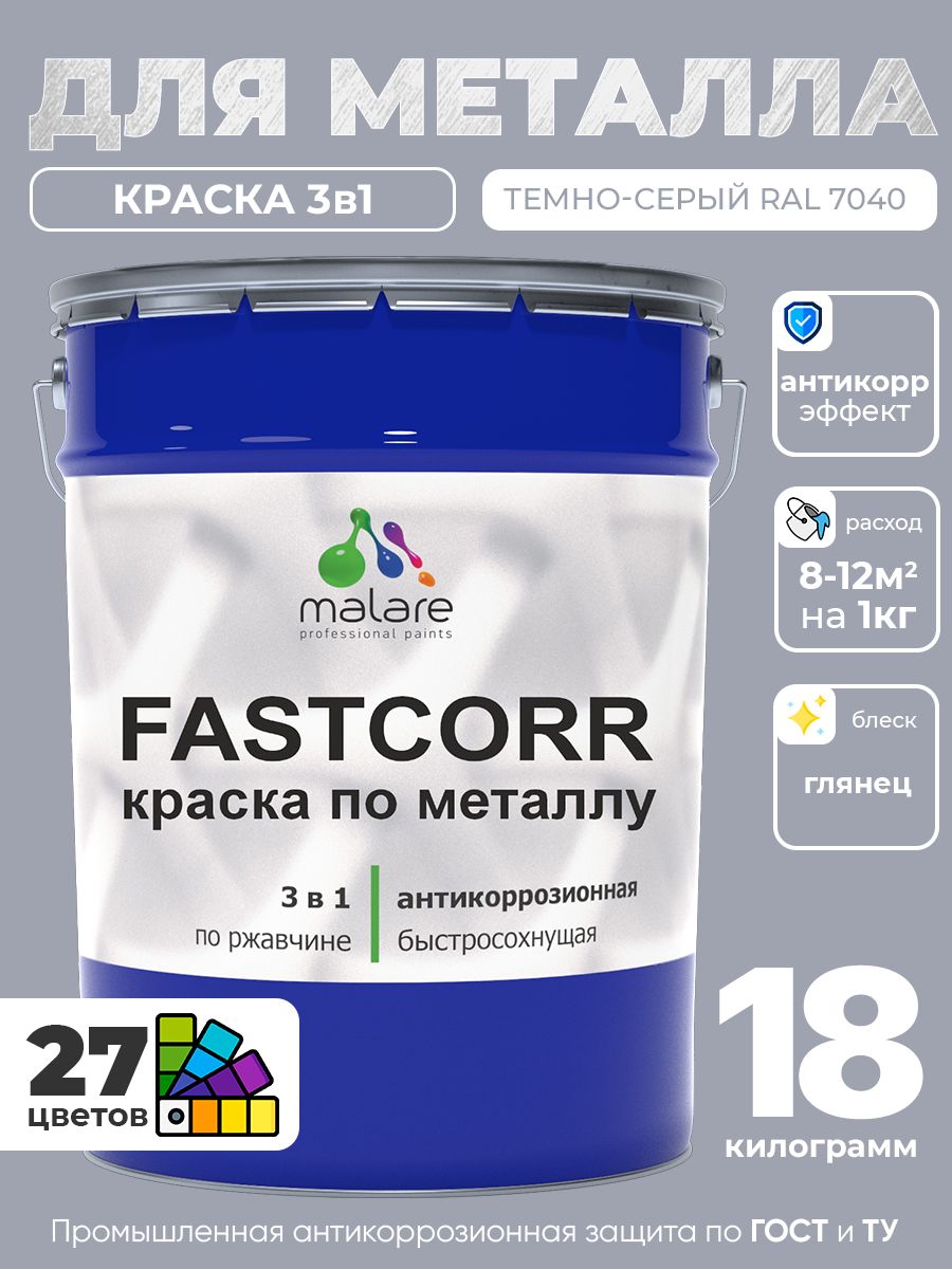 Краска для металла по ржавчине Malare FastCorr, для наружных работ износостойкая, быстросохнущая RAL 7040 темно-серый, глянцевая, 18 кг