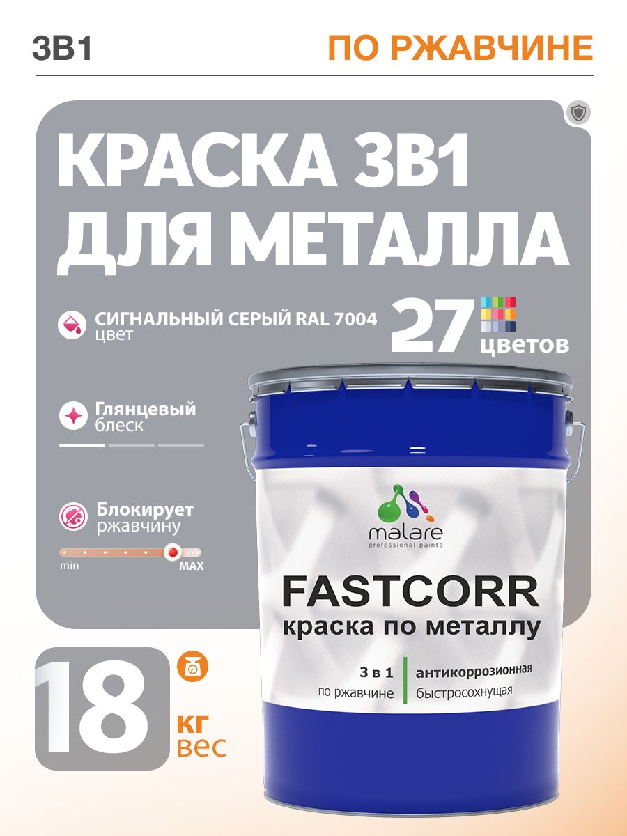 Краска для металла по ржавчине Malare FastCorr, для наружных работ износостойкая, быстросохнущая RAL 7004 сигнальный серый, глянцевая, 18 кг