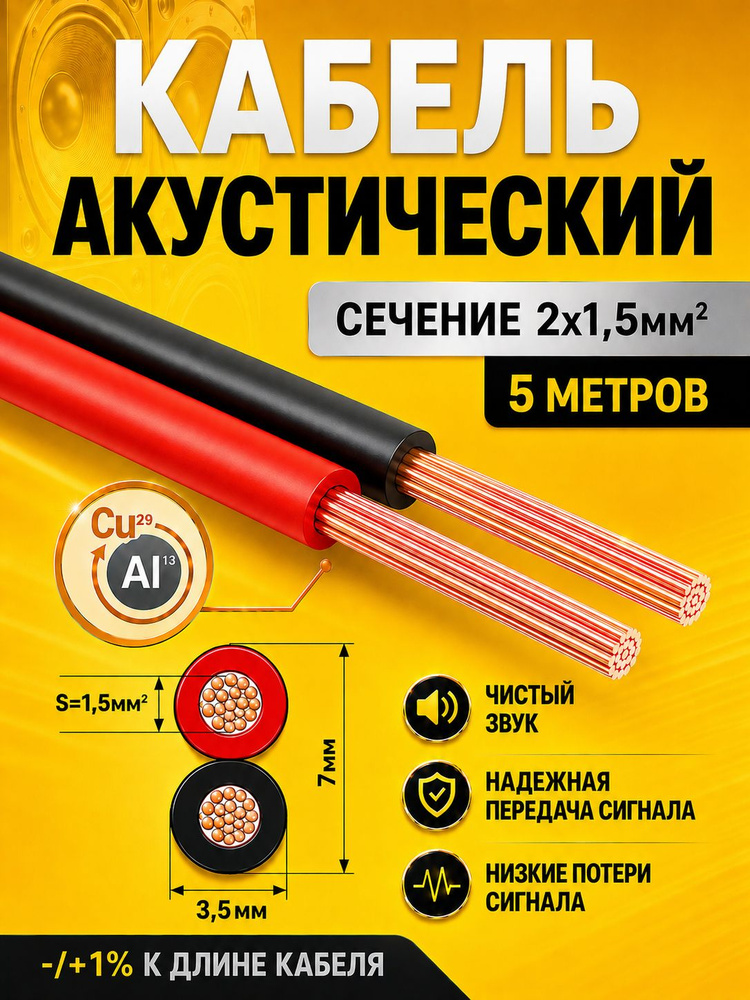 Кабель акустический двужильный 2х1,5 омедненный 5 метров; провода для автозвука; акустический провод #1