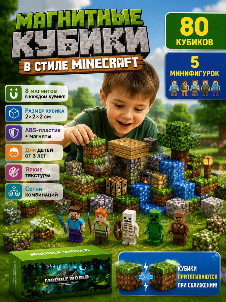 Магнитный конструктор в стиле Minecraft, 80 шт + 5 минифигурок, Упаковка в цветную коробку #1