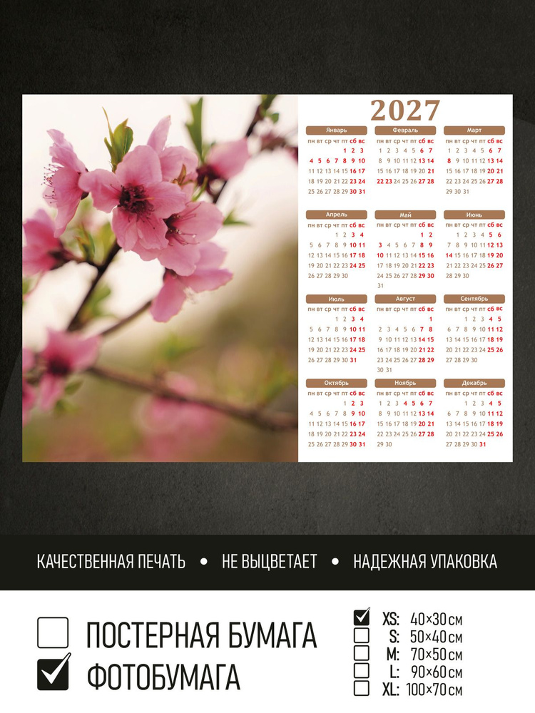 Календарь 2027 Цветы персика на ветке, фотобумага 40х30 см ПолиЦентр #1