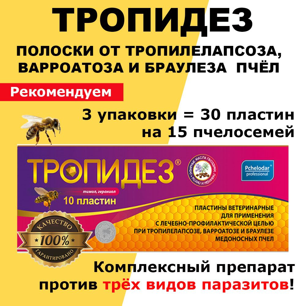 3 упаковки Тропидез пластины / полоски от тропилелапсоза, варроатоза и  браулеза пчёл / 30 пластин на 15 пчелосемей - купить с доставкой по  выгодным ценам в интернет-магазине OZON (1415387828)