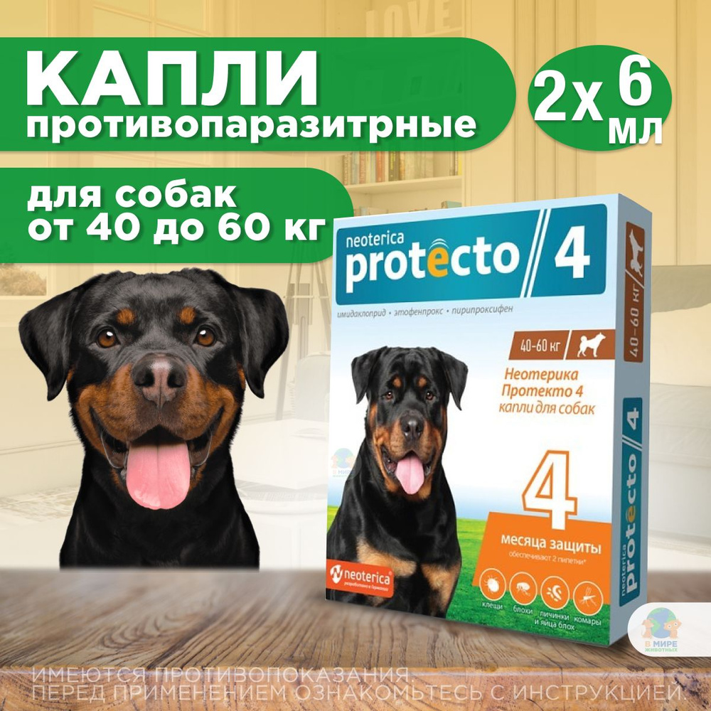 Неотерика Протекто 4 Капли против блох, клещей и комаров, для собак 40-60 кг, 6 мл, 2 пипетки в уп.  #1