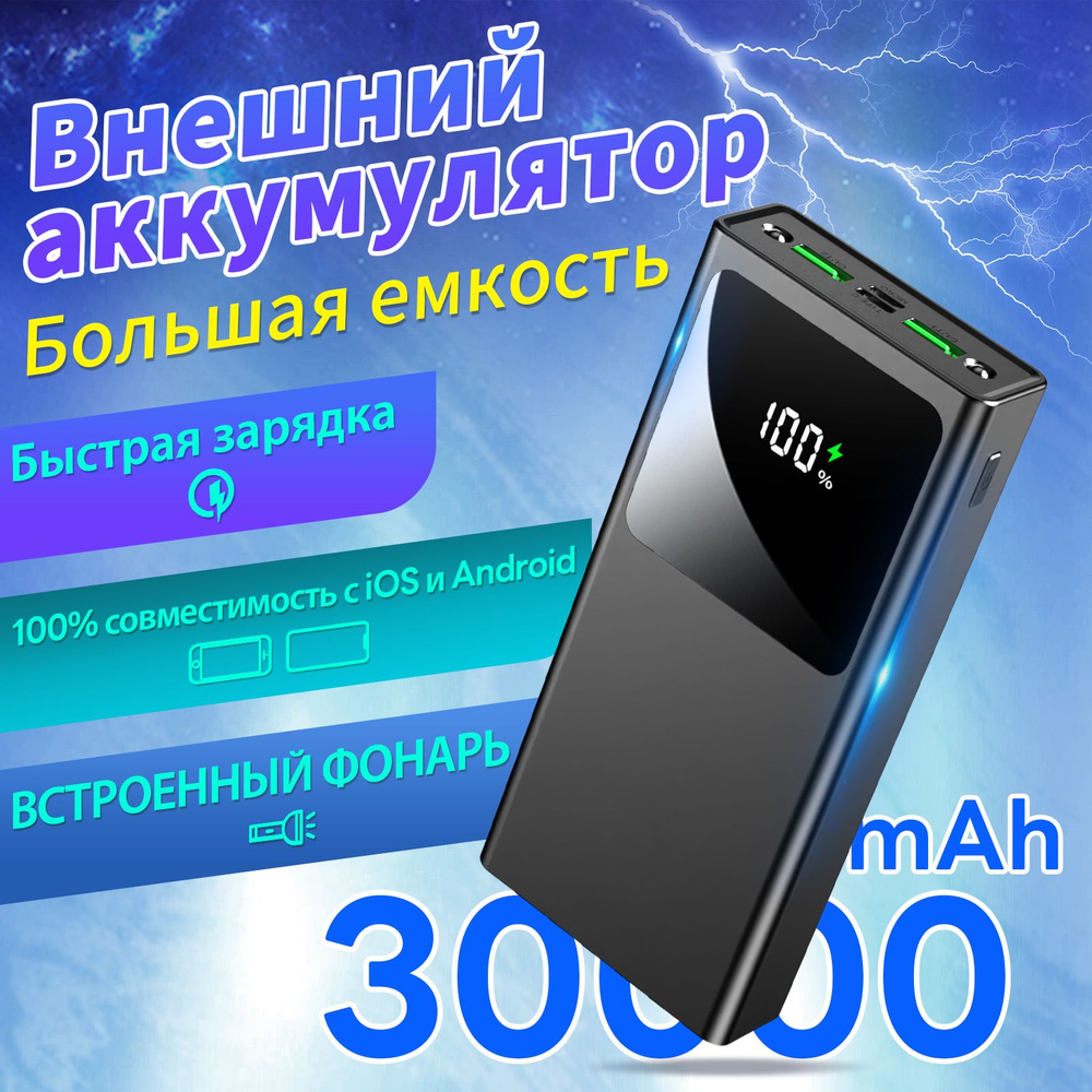 Повербанк; Power Bank 30000 mAh быстрой зарядкой, Интеллектуальный цифровой  дисплей