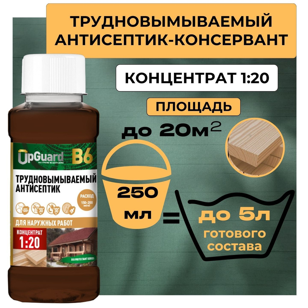Антисептик пропитка для дерева трудновымываемый UpGUARD B6 - 250 мл,  концентрат 1:20 для защиты древесины до 30 лет.