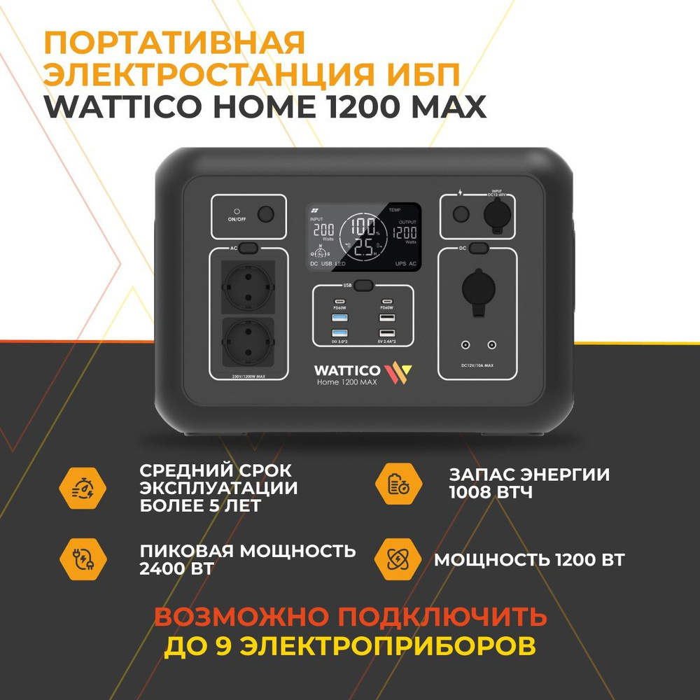 Портативная электростанция Wattico Home 1200 MAX 315 000 мАч ИБП для дома и  дачи