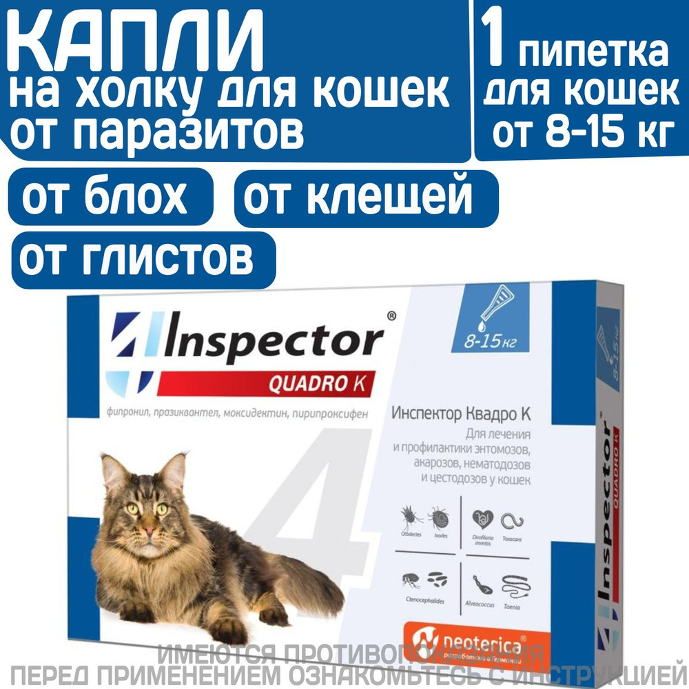 Капли inspector Quadro К от гельминтов и других паразитов для кошек 8-15  кг. - купить с доставкой по выгодным ценам в интернет-магазине OZON  (828501196)