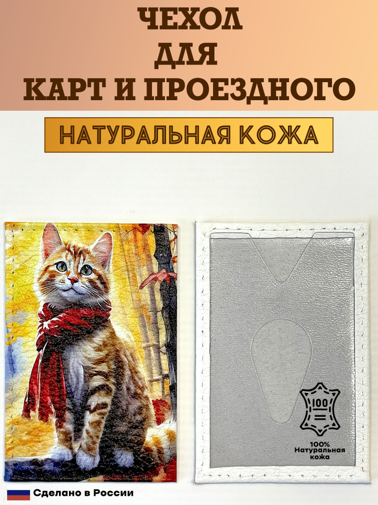 Чехол, картхолдер, обложка, футляр для проездного или карты. Кот осенний. Натуральная кожа. Пр-во Россия #1