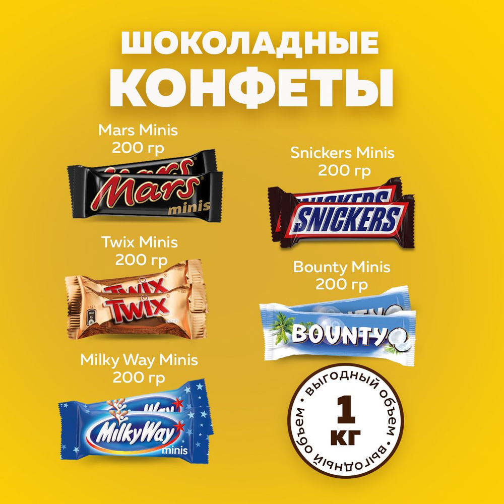 Шоколадные конфеты MixMinis Ассорти 5x200г. Батончики Snickers, Twix,  Bounty, MilkyWay, Mars - купить с доставкой по выгодным ценам в  интернет-магазине OZON (1568932760)