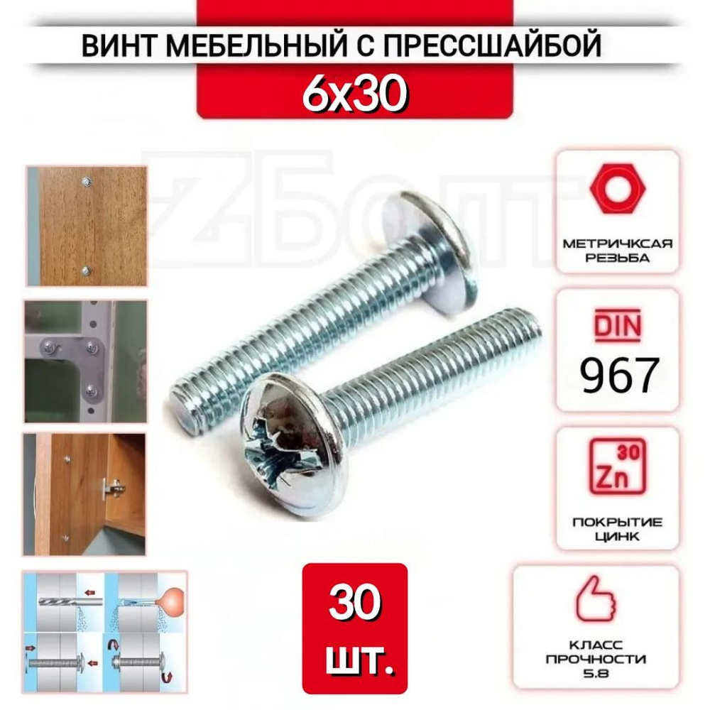 Винт мебельный с полукруглой головкой и прессшайбой, DIN967, 6х30, 30 шт.  #1