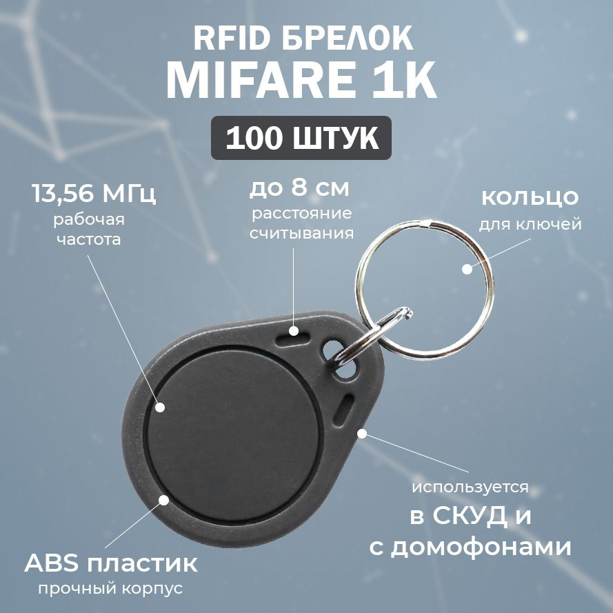 RFID брелок MIFARE 1K (НЕПЕРЕЗАПИСЫВАЕМЫЙ) серый / Бесконтактный ключ доступа СКУД 13.56 МГц / упаковка #1