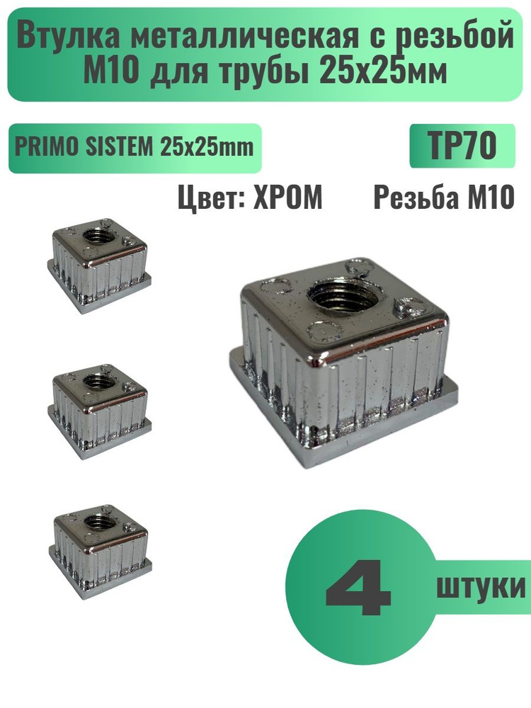 Втулка металлическая с резьбой М10 для профильной трубы 25х25 мм, 4 шт ...