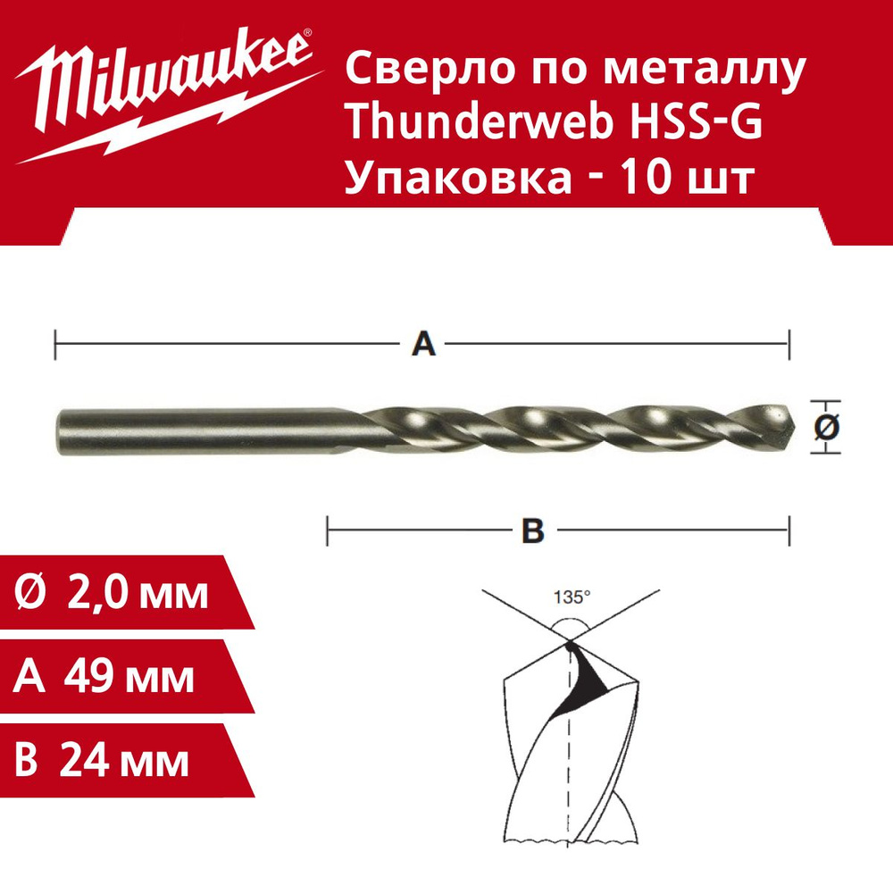 Сверло по металлу HSS-G 2.0 x 49 мм 10 шт, Milwaukee THUNDERWEB #1