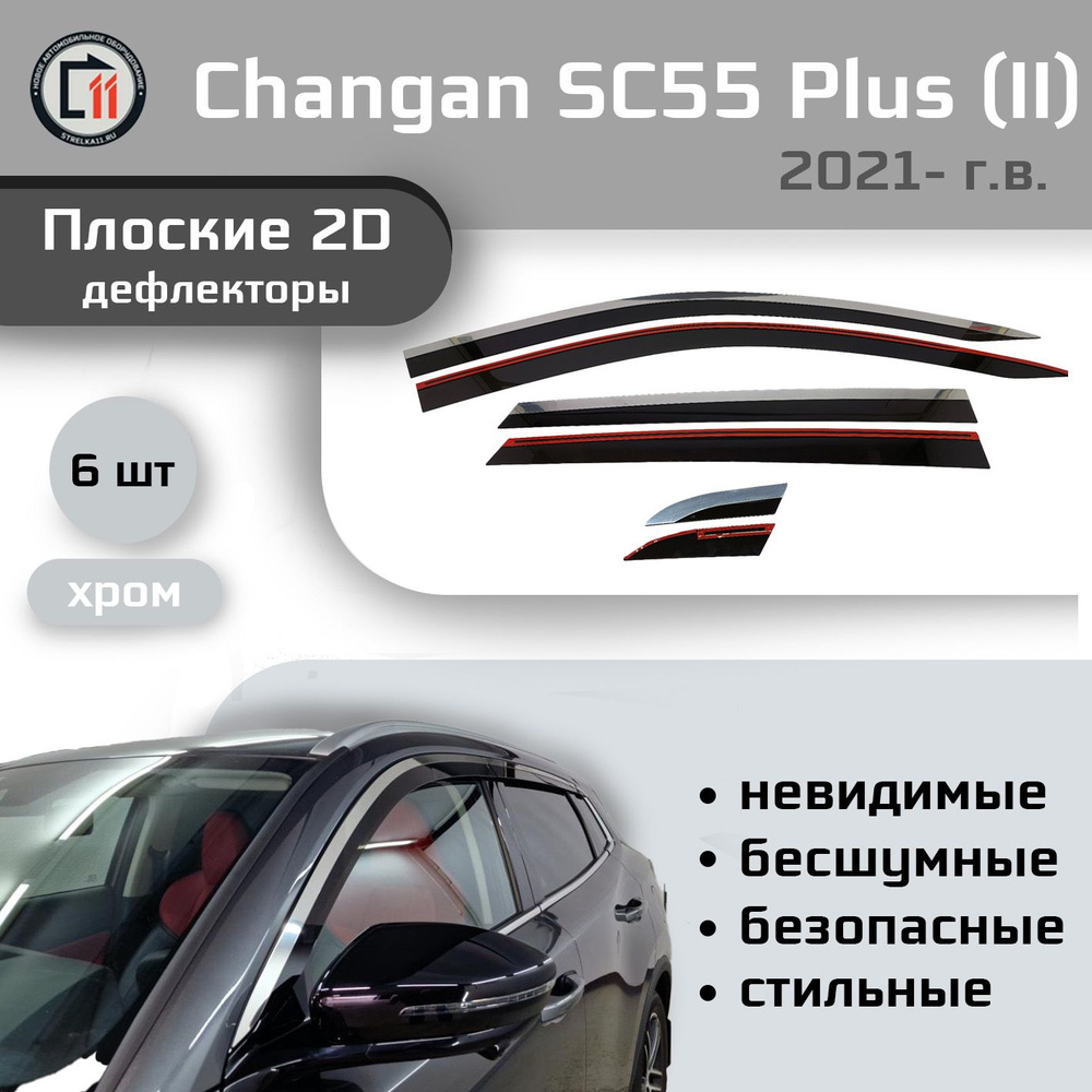 Дефлекторы 2D для CHANGAN CS55 Plus 2021- (II), 6шт, с хромом #1