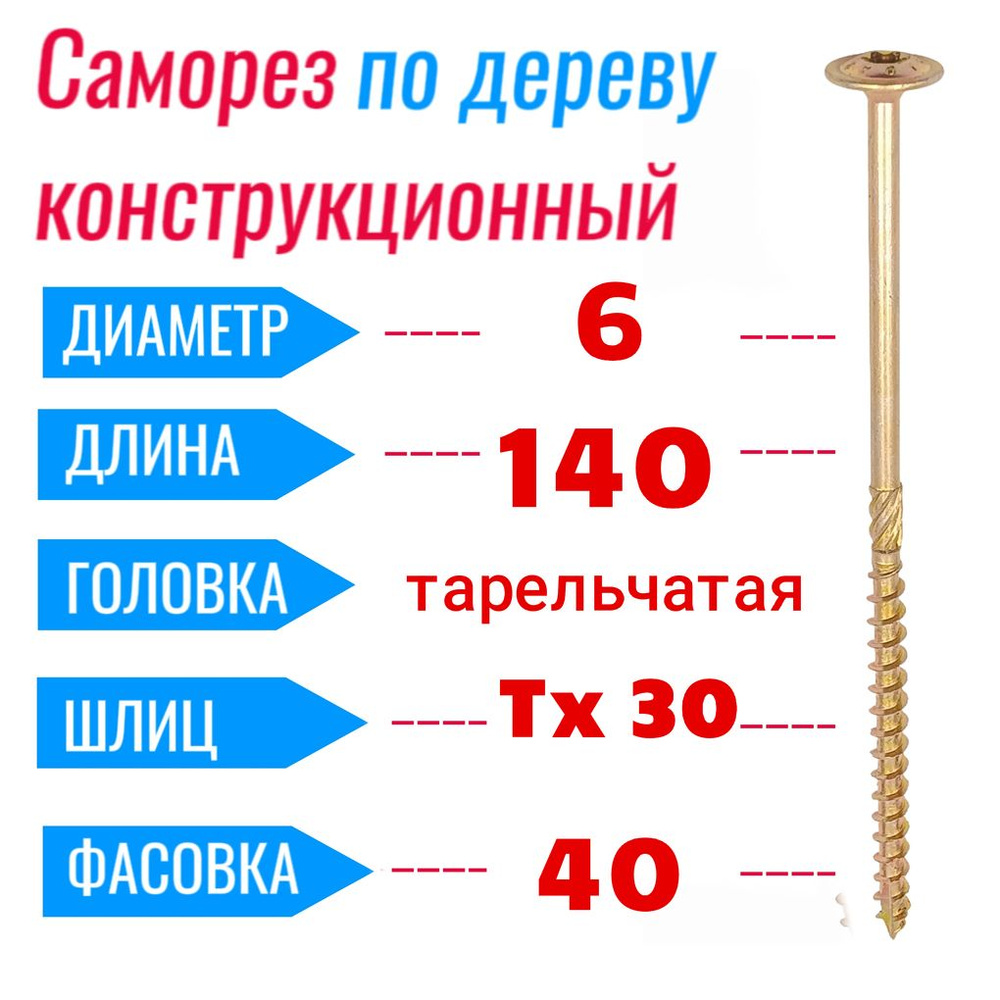 Саморез конструкционный по дереву 6х140 с прессшайбой Torx 30 (40 шт)  #1