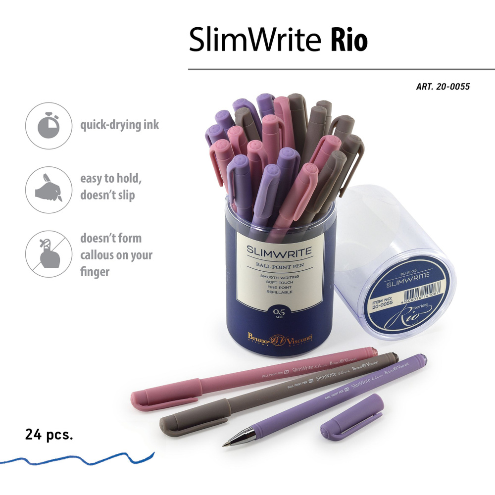 Набор шариковых синих ручек Bruno Visconti "SlimWrite.RIO" 0.5 мм, 24 шт., 3 цвета корпуса / ручка синяя #1