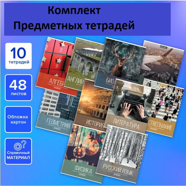 Тетради предметные, КОМПЛЕКТ 10 ПРЕДМЕТОВ, 48 л., обложка картон,  #1