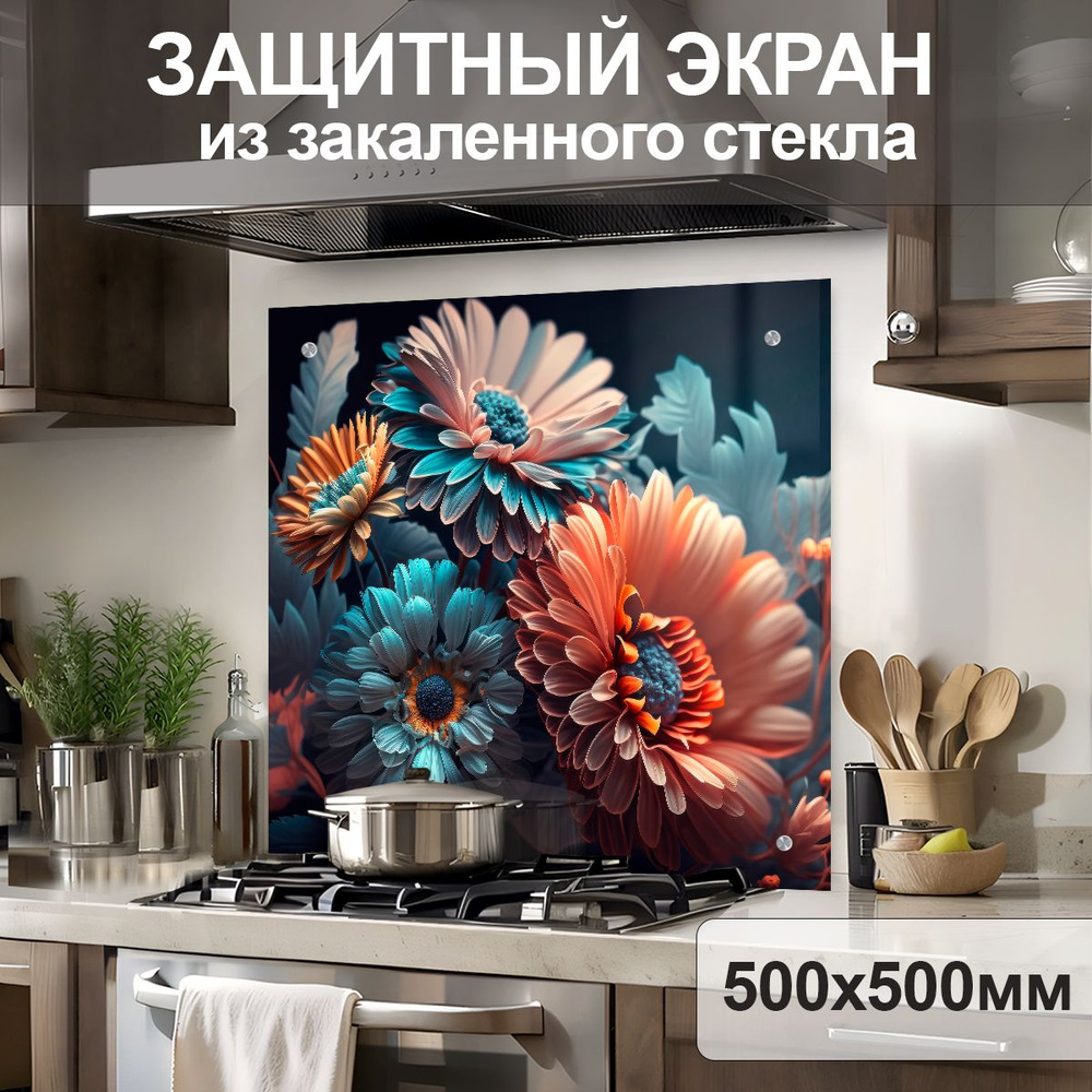 Защитный экран от брызг на плиту 500х500х4мм. Стеновая панель для кухни из закаленного стекла. Фартук #1