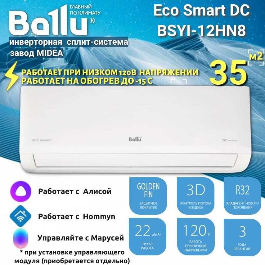 Сплит-система инверторного типа Ballu Eco Smart DC BSYI-12HN8/ES_23Y на 35 м2, Midea завод, инвертор #1