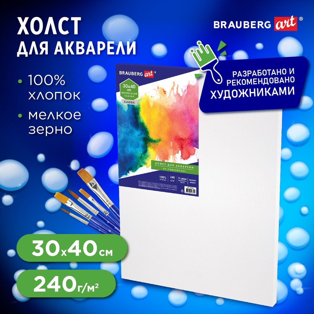 Холст / полотно на подрамнике для рисования акварельный Brauberg Art Classic, 30х40, 240г/м, 100% хлопок, мелкое зерно купить на OZON по низкой цене (244955191)